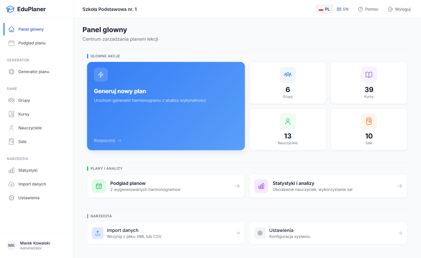 Panel główny EduPlaner