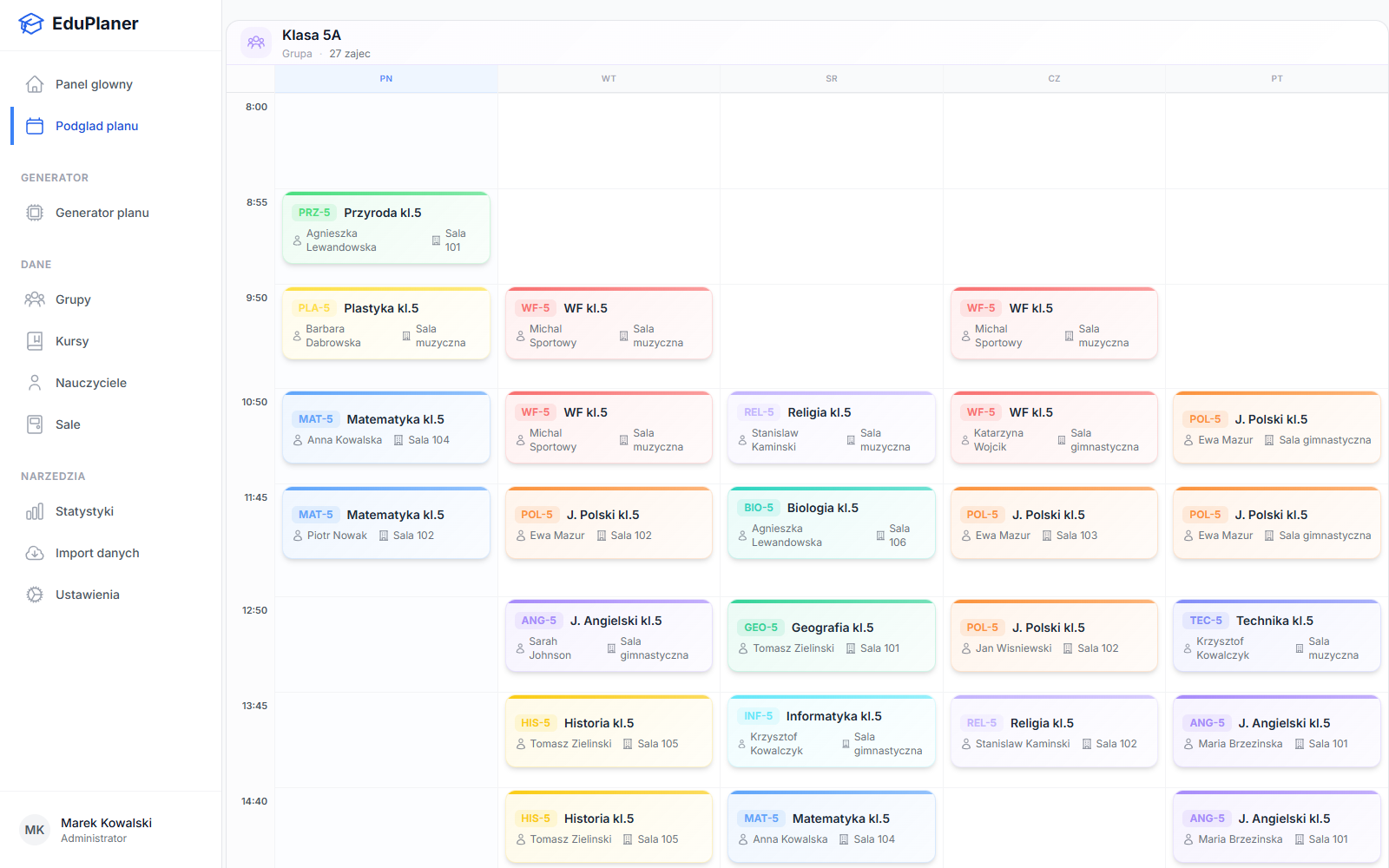 Przykładowy plan lekcji wygenerowany przez EduPlaner